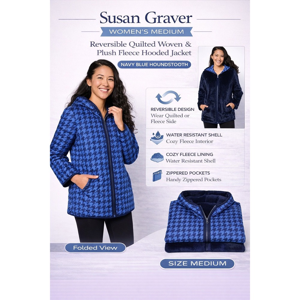 Susan Graver Womens Reversible Quilted Plush Fleece Hooded Jacket Navy Blue‎ M